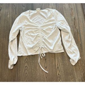 Everly Womens Ruched Long Sleeve V-Neck Top Drawstring Stretch White Size L